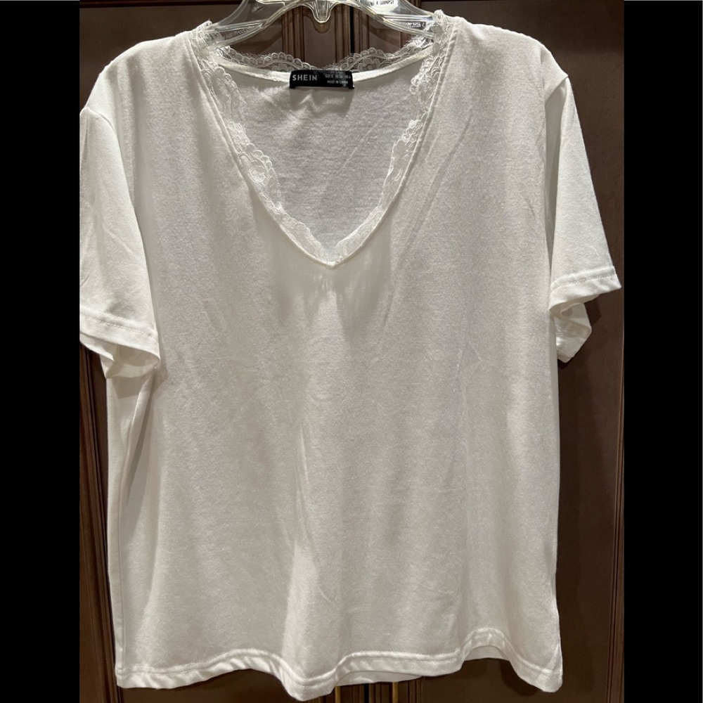 Shein S White Top with lace neck line - Picture 1 of 5